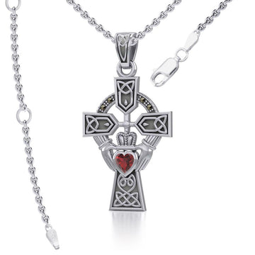 Celtic Cross and Irish Claddagh Silver Pendant with Heart Gemstone TPD5340 - Jewelry
